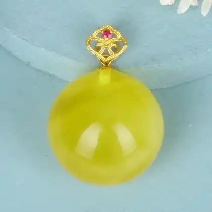 嘉乐琥珀蜜蜡吊坠女男18k金镶嵌蜜蜡圆珠吊坠天然琥珀锁骨链