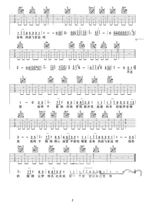 张韶涵隐形的翅膀吉他谱c调简单版隐形的翅膀吉他谱