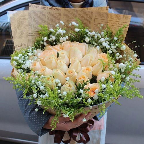 19朵香槟玫瑰花束外加情人草搭配!