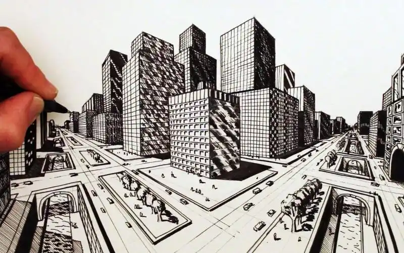 【绘画技巧】两点透视画街景(十字路口篇)