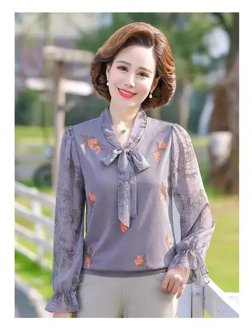 中老年女装洋气小衫短款妈妈春装新款长袖打底衫40岁50上衣雪纺衫