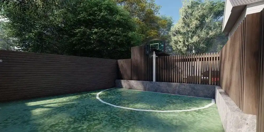 往里走,是一个篮球场,满足业主家人休闲娱乐的需求.