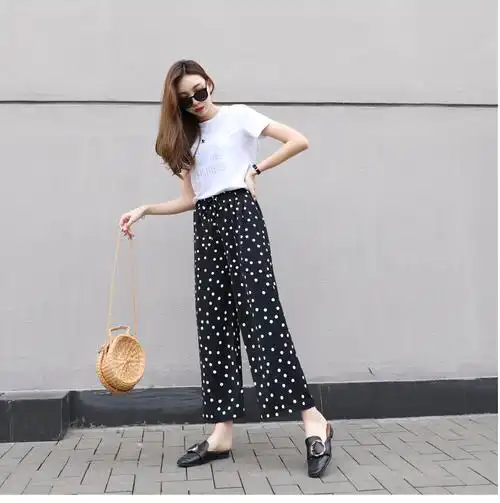 实拍系带黑白波点阔腿裤女2019夏装宽松薄款坠感直筒圆点休闲裤