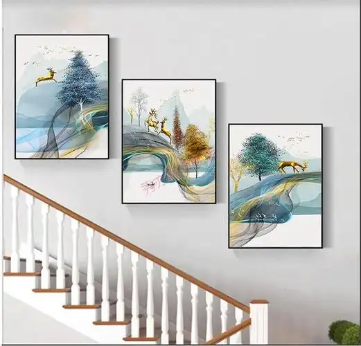 楼梯间装饰画复式楼梯口间装饰画现代简约楼道三联挂画客厅玄关走廊