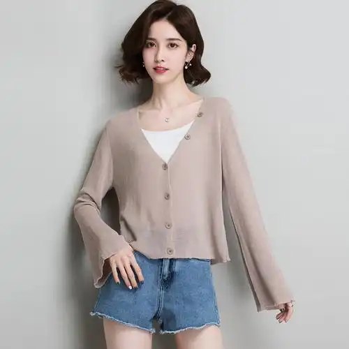 韩版外搭喇叭袖冰丝针织开衫女短款宽松防晒空调衫薄款披肩外套夏