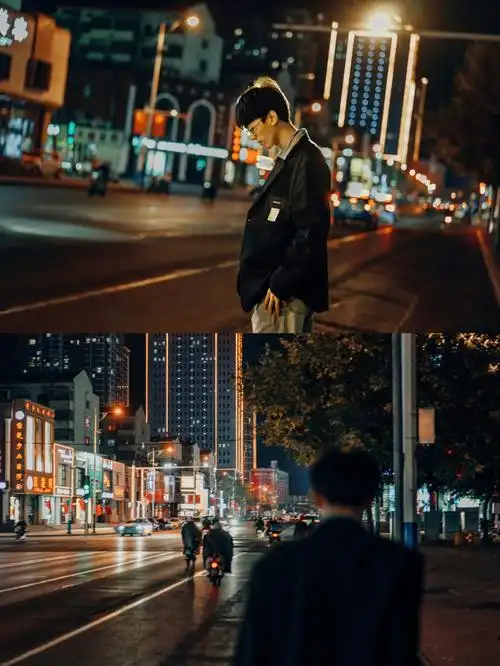 男生夜景人像微醺的路灯和晚归的少年