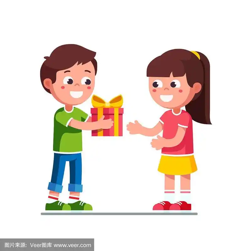 孩子递上节日礼物.儿童卡通人物平面矢量剪贴画插图.