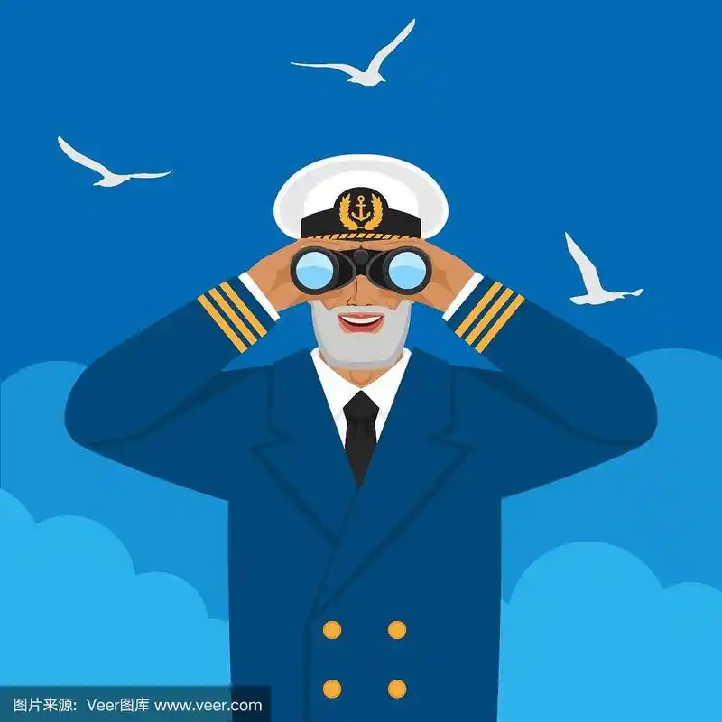船长用双筒望远镜望着多云的天空和海鸥