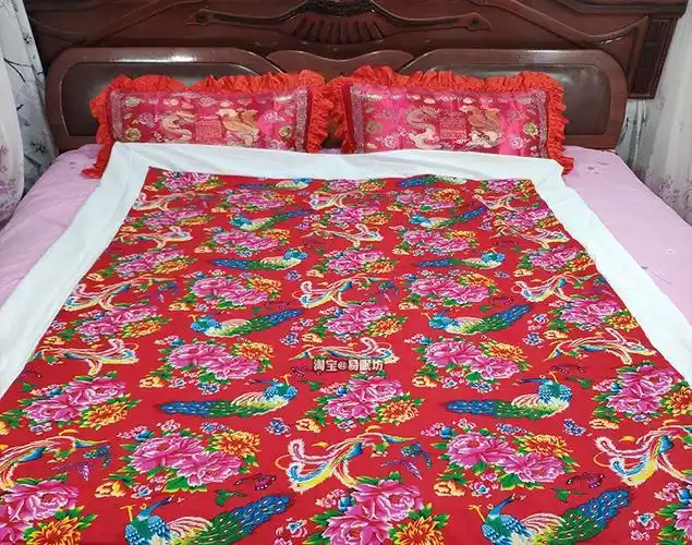 东北大花布被套农村传统被罩老式包边被子套单件结婚被面红绿红色凤凰