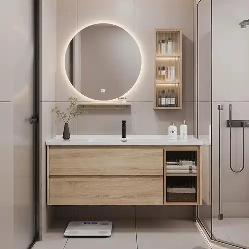 原木风浴室柜镜柜组合卫生间落地洗手盆柜洗漱台一体洗脸盆柜套装