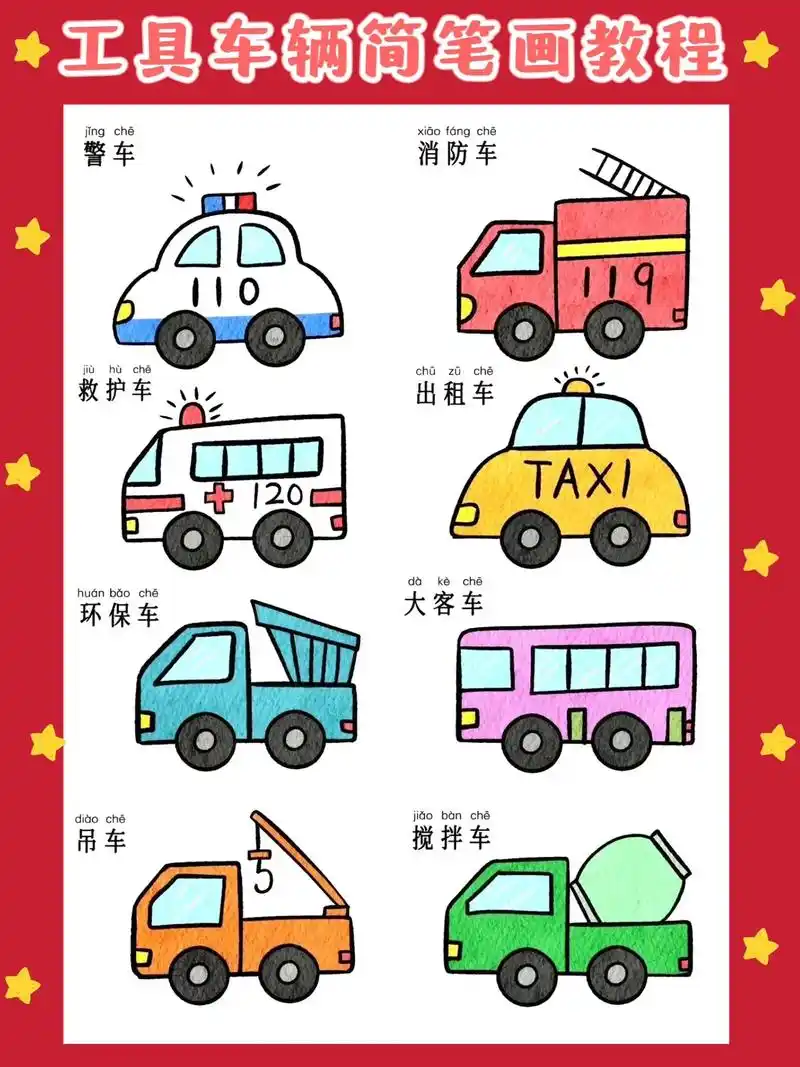 汽车简笔画|交通工具简笔画消防车救护车.