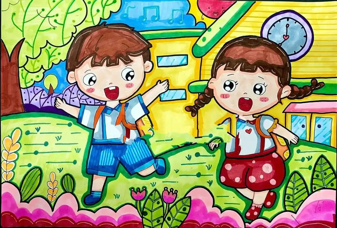 上学路上主题画|儿童简笔画 上学路上主题画,儿童简笔画.