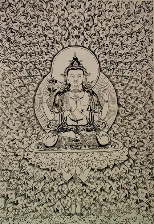 而创作,中间是四臂观音,周围采用唐卡中的千手和观音菩萨的法印来表现