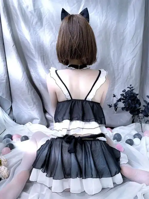 情趣内衣女装制服诱惑雪纺爱心镂空猫女郎性感套装新款可爱睡衣