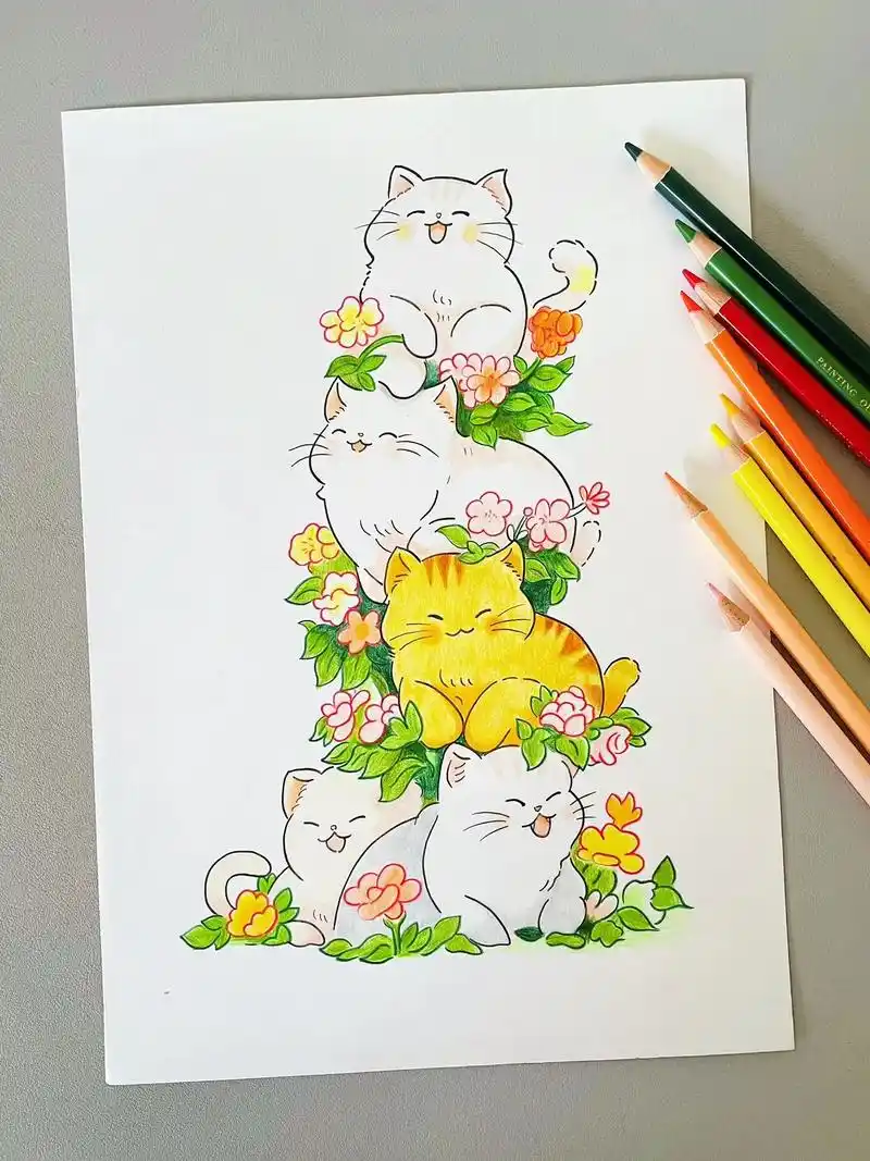 彩铅手绘,彩铅画简直太快乐了.猫咪叠叠乐好萌呀 - 抖音