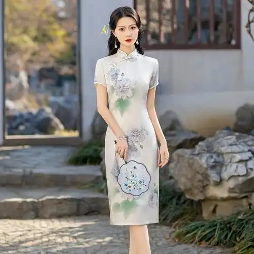 收腰显瘦素色年轻款双层醋酸旗袍高档大码妈妈装日常浅色系中长款