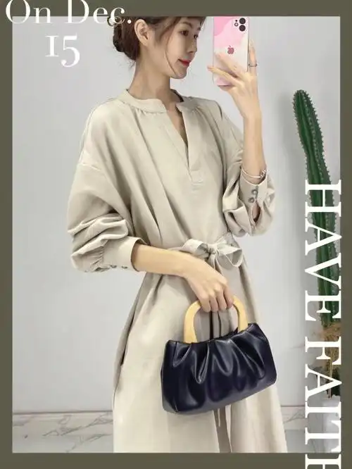 v领落滑肩袖连衣裙63温柔简约不失大气超78