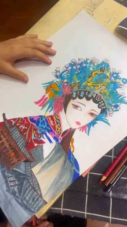 少儿美术小学生京剧彩铅花旦人物手绘