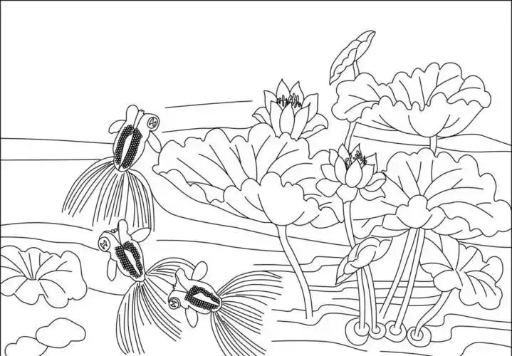 少儿绘画线描–池塘里的青蛙幼师考编#青蛙主题画90#池塘边#蜻蜓#荷花