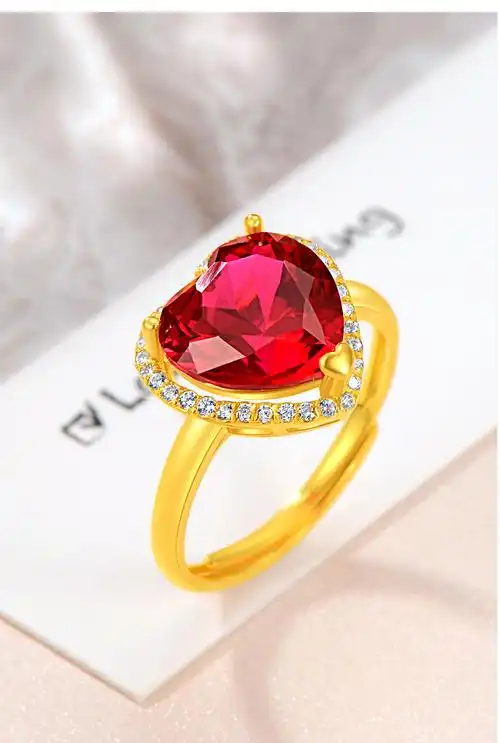 福韵瑞999黄金戒指女款足金红宝石戒指活开口心形生日礼物送女友爱心