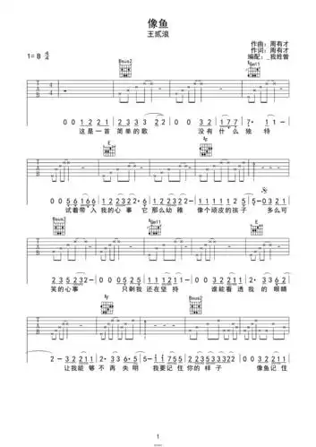 像鱼-王贰浪b调六线吉他谱-虫虫吉他谱免费下载