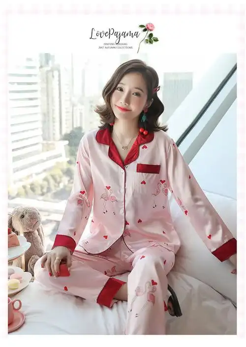 冰丝睡衣女长袖开衫薄款夏天加肥加大码春秋季仿真丝家居服套装 ht