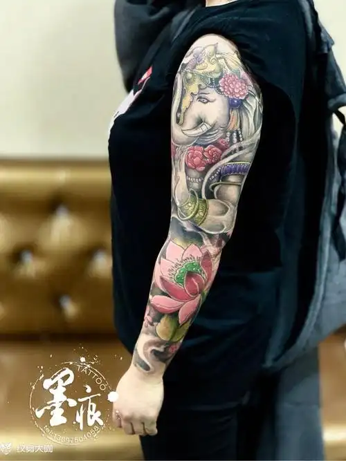 彩色象神荷花臂_纹身图案手稿图片_墨痕的纹身作品集