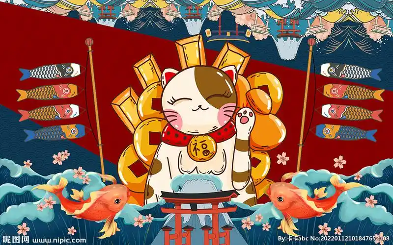 国潮和风招财猫工装背景墙图片