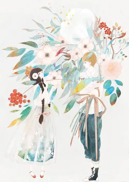 中国插画师halu作品-男孩女孩-古风手绘