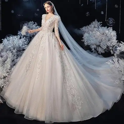 领主婚纱礼服2021新款新娘气质拖尾高端奢华长袖婚纱