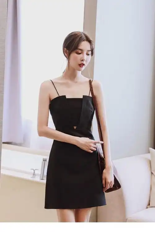 ahka性感气质吊带抹胸连衣裙春夏新款高腰显瘦遮肚子小礼服a字裙珍珠