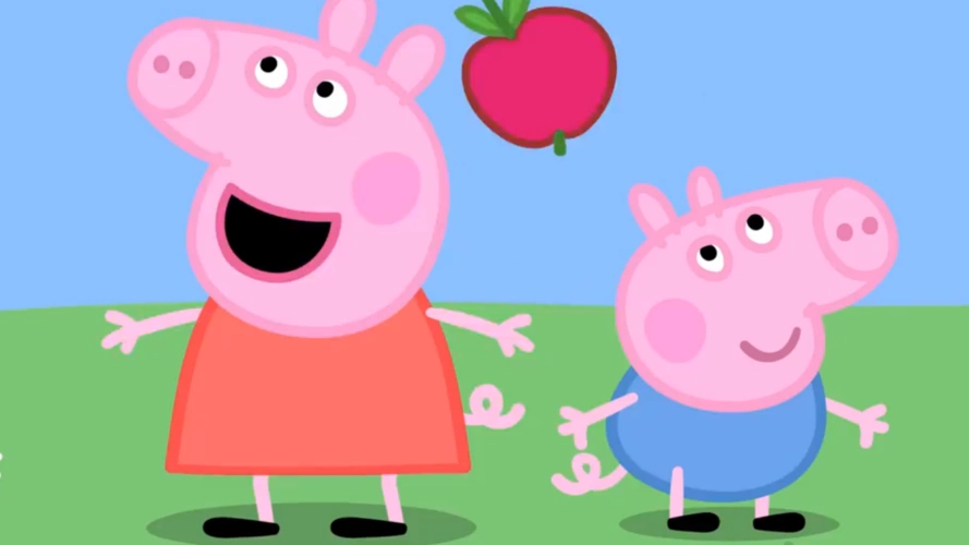 小猪佩奇和乔治看见好多苹果从树上掉下来了好像一场苹果雨呀