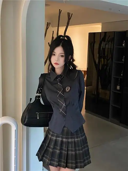 实拍实价 2022暗黑jk收腰衬衫配领带 格纹百褶裙 - 17网