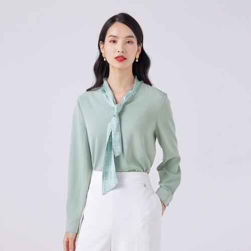 气质通勤风优雅飘带纯色长袖衬衫女秋