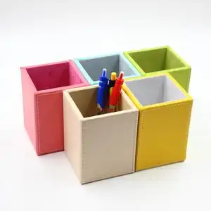 皮革可爱笔筒 创意时尚韩国文具方形多功能商务摆件 办公用品定制