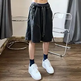 美式街头hiphop水洗做旧短裤男高街ins潮牌宽松休闲松紧腰五分裤