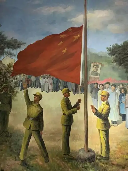 图为在大鹏半岛王母墟升起的华南地区第一面五星红旗的油画.