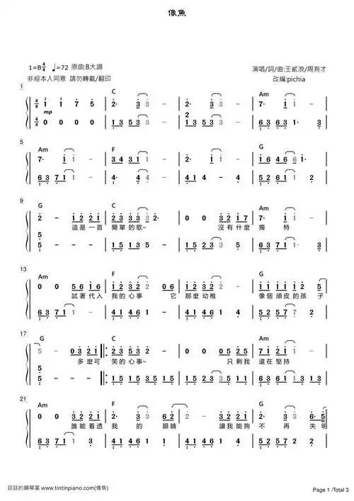 简谱王贰浪像鱼附歌词和弦