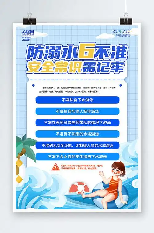 蓝色格子简约防溺水6不准安全知识海报