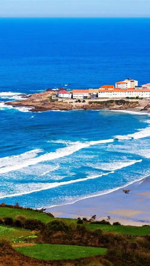 加利西亚,西班牙,海角,房屋,海,波浪 4k