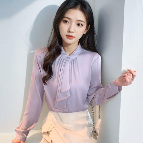 白色立领飘带衬衫女春秋冬款长袖衬衣时尚洋气高级感高端雪纺上衣