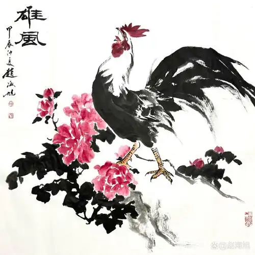 公鸡昂首向天鸣, 牡丹花开映日红. 锦绣山河春意动, 吉祥富贵乐融融.