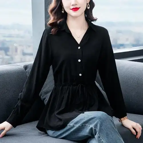 纯棉长袖衬衣女黑色