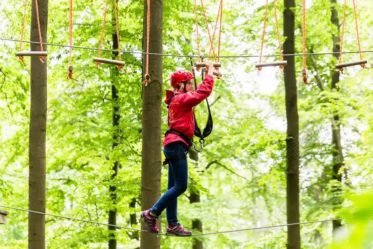 孩子在森林中的高绳索课程中到达平台攀登