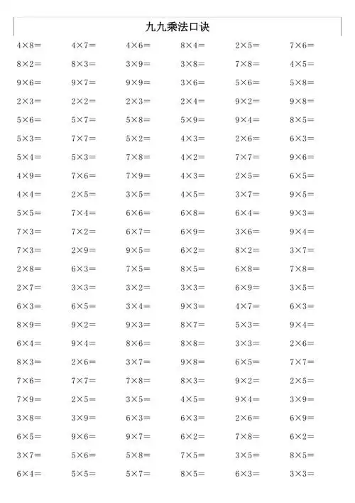 小学二年级九九乘法口诀练习题