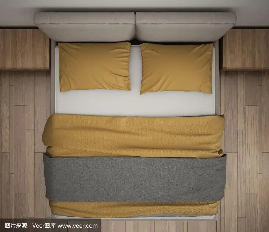 现代卧室,俯视图,双灰和黄色床的特写,拼花地板,现代室内设计