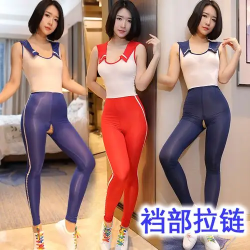 健美裤女开裆冰丝丝滑光泽液体真丝薄款拉链户外露出高亮瑜伽紧身