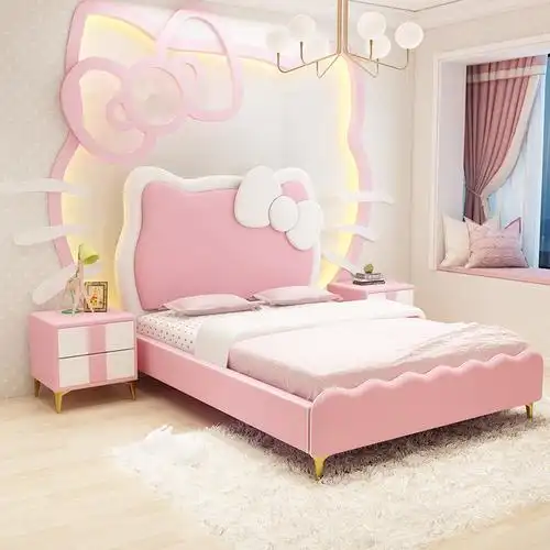 儿童床女孩公主床创意卡通hellokitty单人实木粉色皮床儿童床家具