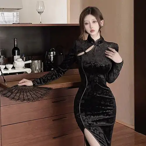 黑色旗袍2022年春装新款长袖改良蚀骨暗黑系性感开叉连衣裙小礼服