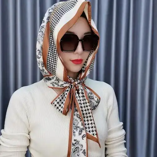 头巾女士夏季新款包头套遮阳薄款缎面时尚小方巾帽子领巾防晒丝巾